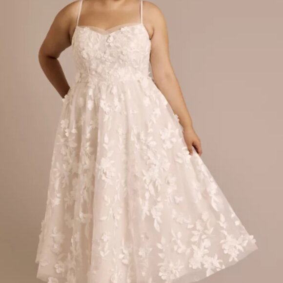 Floral Applique Tea-Length Dress STYLE # SDWG1240 - Picture 1 of 5